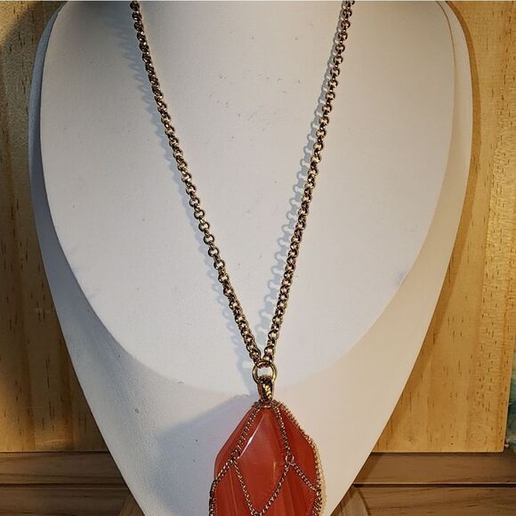 Joan Rivers Chain Wrapped Faux Stone Orange Crystal Pendant Necklace NWOT - Picture 3 of 5